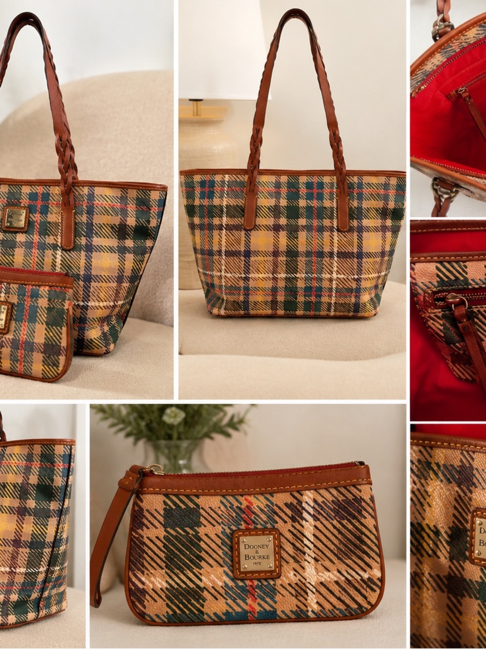 Dooney & Bourke Multicolor Plaid Tote with Brown Leather Trim